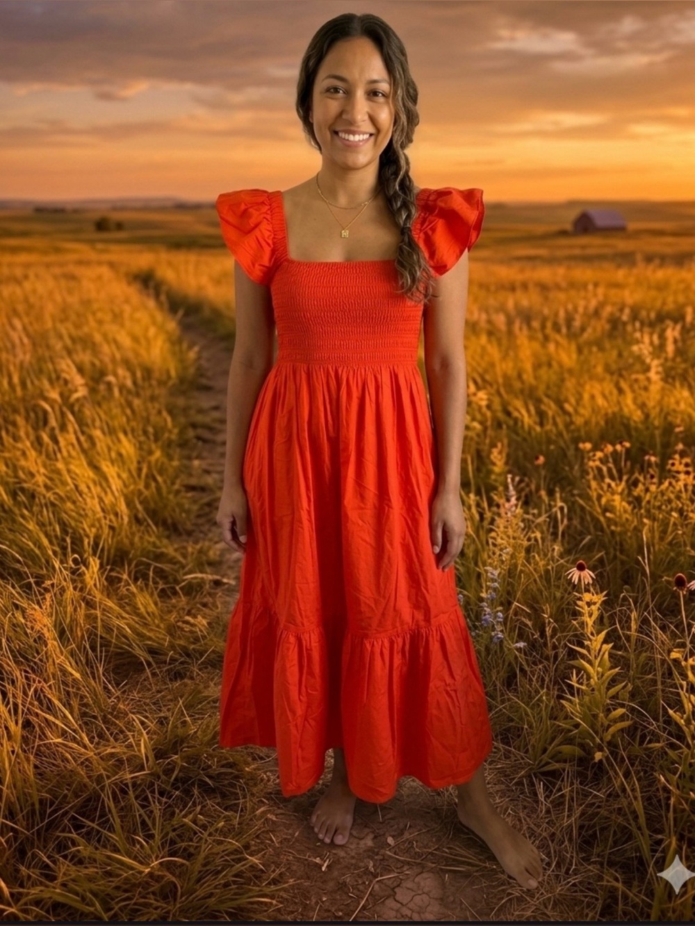 O.P.T. Tuscany Dress Small S Orange Red Smocked Square Neck Tiered Midi NWT